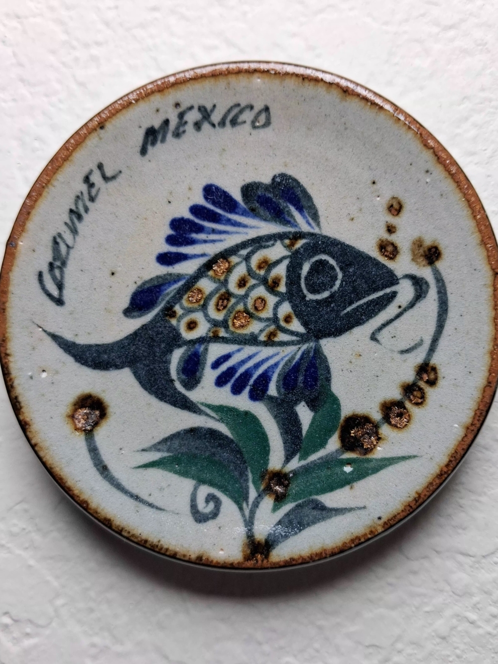 Vintage Terracotta Fish Mini Plate Blue,Green & Brown Cozumel Mexico Folk Art